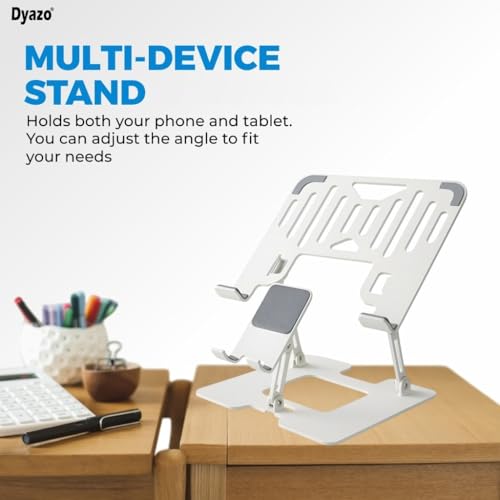 Image of Dyazo 2 in 1 Adjustable Laptop Stand with Mobile Holder | Ergonomic, Foldable & Ventilated Riser Fits Upto 15.6 Inch Laptops | Compatible for MacBook, HP, Dell, Acer, Lenovo & Other Notebooks