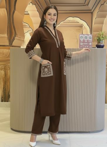 Image of SHEINZY Women's Embroidered Kurta Set with Pants | 3 /4 Sleeve V-Neck Kurti with Floral Thread Work | Ethnic Indian Wear for Casual & Festive Occasions | Comfortable Co-ord