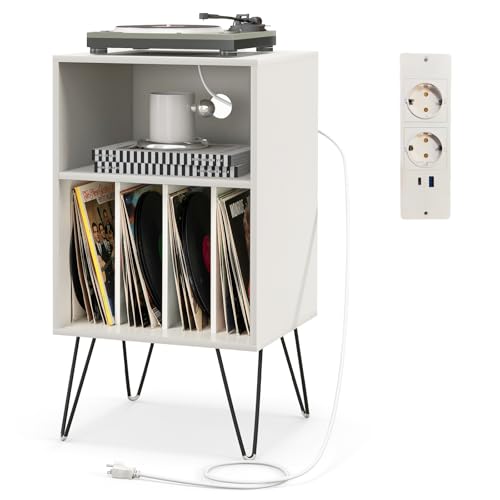 COSTWAY Meuble Tourne-Disque Vinyle avec Prise,Table d’Appoint avec Station de Charge,2 Prises,1 USB,1 Type-C,Pieds en Métal,Bout de Canapé,Support Tourne-Disque pour Salon Chambre (Blanc)