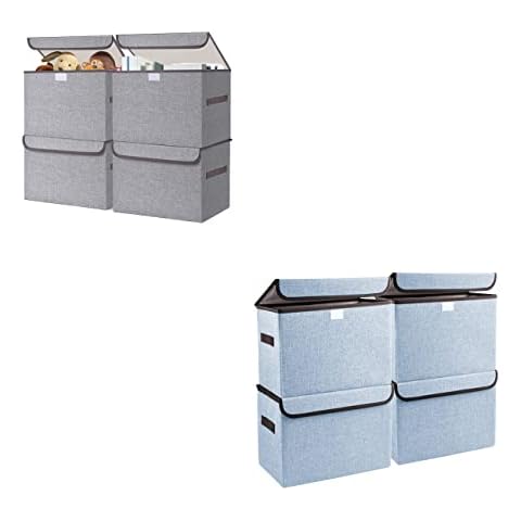 Bagnizer Large 22 Quart Linen Fabric Foldable Storage Bin Cube Organizer Basket with Flip-Top Lid & Handles, Large Clothes Blanket Box for Home, Office, Closet, 4 Pack 14.6 x 9.5 x 9.5” Cover