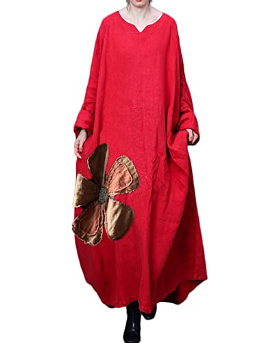 NFYM Women's Kaftan Dresses V Neck Linen Vintage Handmade Applique Flower Loose Maxi Robe Dress - Main Image