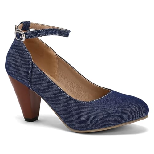 Alyaafifa High Heel Ankle Strap Denim Pumps for Women Closed Round Toe Chunky Heel Mary Janes Comfortable 3 Inch Dress Shoes with Bowknot Party Event Office Working Prom