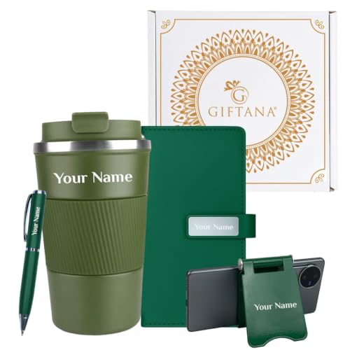 Image of Giftana 4 in 1 Personalized Diary with Pen, Mobile Stand and Coffee Tumbler 510ml Gift Set for Men & Women, Customized Gifts for Doctors, Personalised New Year Corporate Gift Set for Employee (Green)
