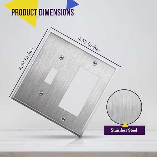 Image of ENERLITES Combination Toggle Light Switch or Decorator Switch Metal Wall Plate, Corrosive Resistant, Size 2-Gang 4.50 inch x 4.57 inch, 771131, 430 Stainless Steel, UL Listed, Silver