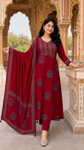 Image of Women's Cotton Kurta Sets for Women with Palazzo Pants with Dupatta for Woman | Pure Cotton 3 Piece Kurti Set | Women Suit Set for Daily