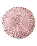XQ HOUSE Almohada redonda de terciopelo para sofá pequeña hecha a mano decorativa para cama dormitorio 13.7 pulgadas rosa