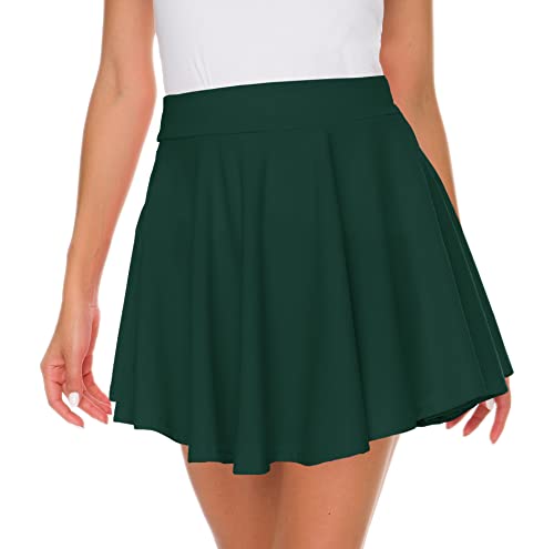Afibi Casual Mini Stretch Waist Flared Plain Pleated Skater Skirt (X-Small, Dark Green) #TOP2