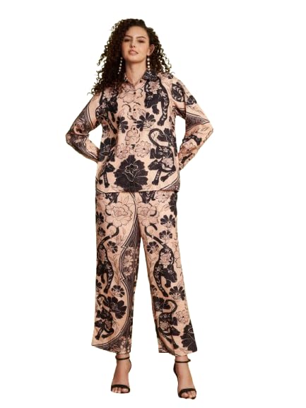 Women's Floral Printed Shirt & Wide Leg Pants Co-Ord Set | Peach Long Sleeve Button Down Two Piece Outfit | Casual, Office, Travel & Vacation Wear-Size XXL-picture-37