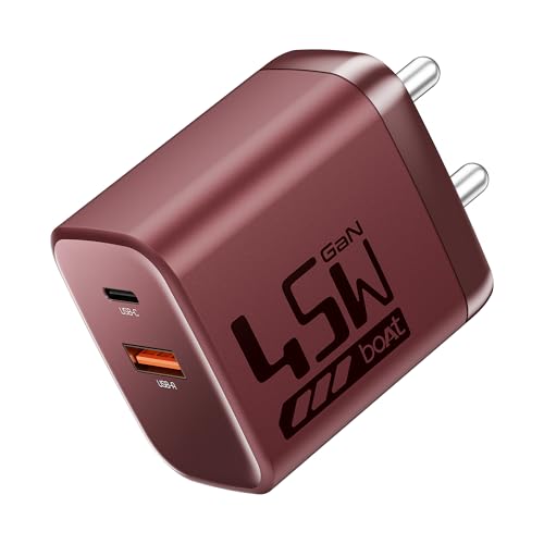 Image of Boat 45W GaN Charger USB Type C, Ultra-Fast Dual Port Fast Charging, Compact & Lightweight, Supports iPhone, Android, iPad, Tablet (Monarch Red)