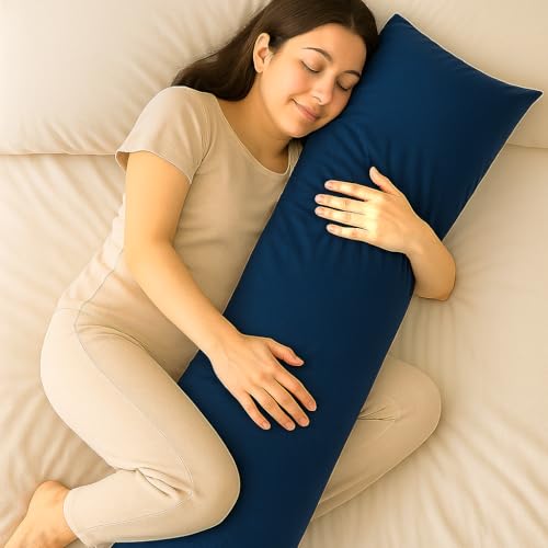 Image of 100% Cotton 600 TC Body Pillow Cover - Ultra Soft & Breathable Long Pillowcase | Zipper Closure | 20 inchx54 inch |Navy Blue | Ideal for Pregnancy, Side Sleepers & Full Body Support