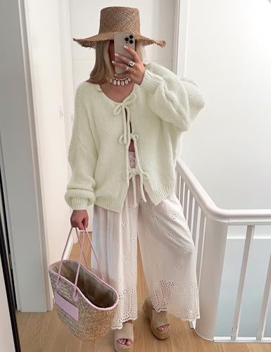 Image of SKIKYAN Women Bowtie Oversized Knit Sweater Cardigan Y2K Long Sleeve V Neck Open Front Casual Knitwears