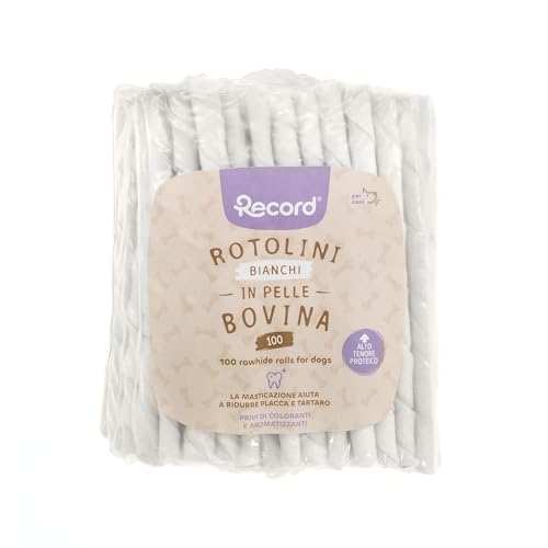 Record - Snack per Cani Stick Termoretratti in Pelle Bovina. Masticativi per Cani Proteici e Naturali, ideali per la Salute Gengivale. Realizzati con Essicazione Naturale | 100 stick Bianchi, 550 gr
