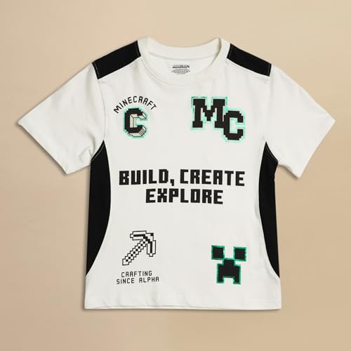 Image of Kidsville Official Minecraft Steve, Alex & Creeper Half Sleeves Round Neck Graphic Printed Regular Fit Pure Breathable Cotton Fabric Tshirt for Boys