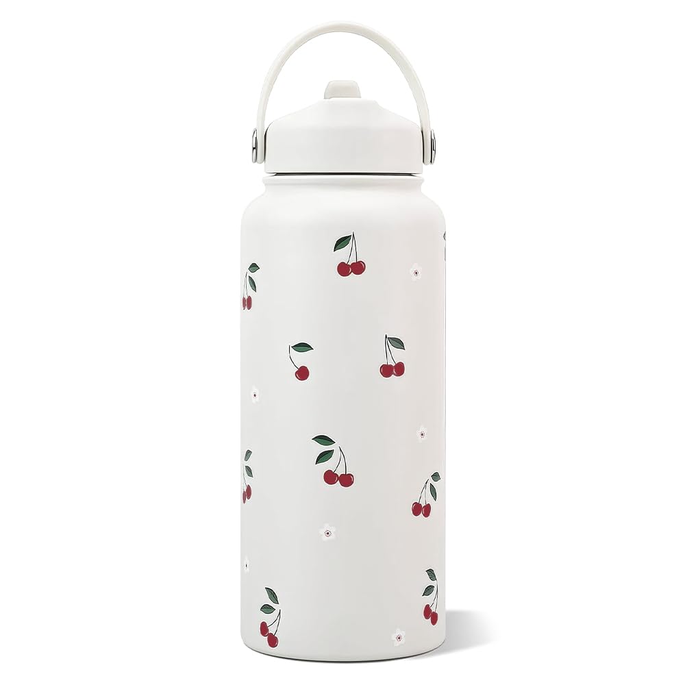 DSXVJHD Cherry Pattern Water Bottle, 1000ml Double-Walled Insulated Water Bottle for Women Girls, Stainless Steel Water Bottle with Straw, Portable Handle Thermos