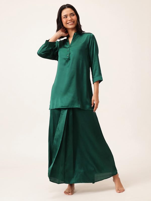 Image of Clovia Women's Chic Basic Satin Long Button Down Top with Dhoti Style Skirt