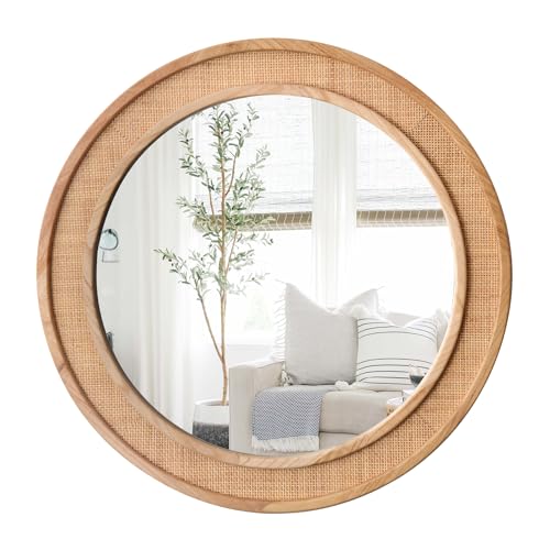 Tunjig 24" Round Rattan Mirror, Circle Wall Mirror, Farmhouse Wooden Vanity Mirror with Handmade Wicker Frame, Decorative Boho Mirror for Nursery Bedroom Living Room Entryway Nature