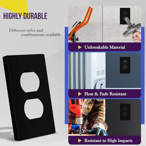 Image of ENERLITES Screwless Duplex Wall Plate, Child Safe Receptacle Outlet Cover, Standard Size, 1-Gang 4.68 inch x 2.93 inch, Unbreakable Polycarbonate Thermoplastic, UL Listed, SI8821-BK-5PCS, Black, 5 Pack