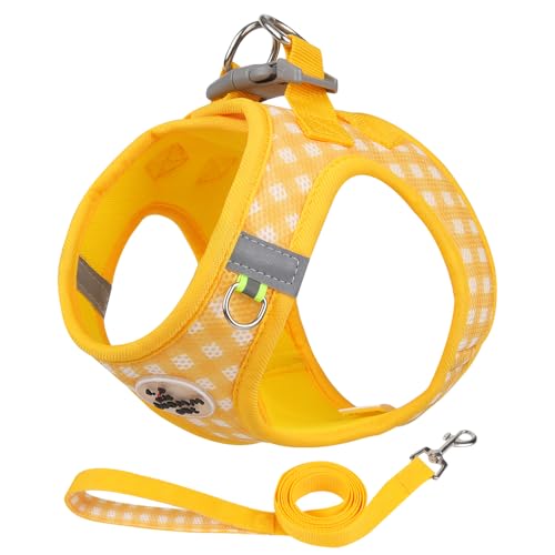 Dog Harness Small Sized and Leash Set, Plaid Step in Soft Light Puppy Vest, Breathable Mesh Pet Harness, Reflective for Small Medium Dogs Safe Easy Walking, Yellow S