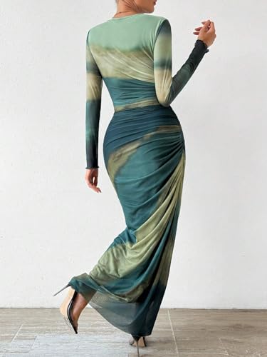 Image of MARZXIN Women Long Sleeve Maxi Dress Bodycon Ruched Formal Slim Fit Tie Dye Dress Formal Mesh Dress