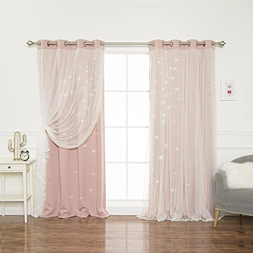 Image of Best Home Fashion Tulle Overlay Star Cut Out Blackout Curtains (52" W x 84" L, Dusty Pink)