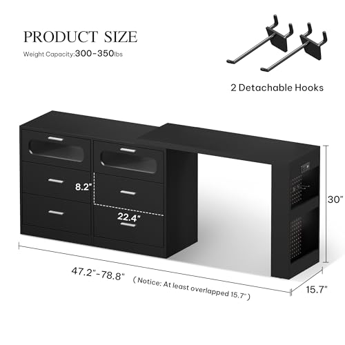 DWVO Vanity Table with RGB Lights, 360° Rotatable LED Drawer Dresser with 6 Drawers, Vanity Desk with Storage Cabinet and Charging Station for Bedroom, Executive Computer Desk for Workspace, Black