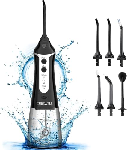 TUREWELL FC1591 Irrigadores Bucales,Irrigador Dental Portatil con 6 Boquillas 3 Modos,IPX7 Impermeable,USB Recargable para Limpieza Dental, 300ML Irrigador Oral de Familia y Viajar