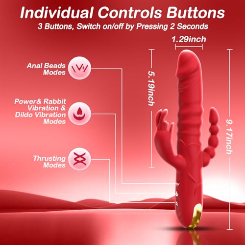 Image of SUPOLA Thrusting Rabbit G Spot Dildo, 4 in 1 Sex Toys for Women, Red | 3 Thrust & 10 Vibration Modes with Anal Clitoral Stimulation, 4 Powerful Motors, Soft Silicone, Waterproof, USB Rechargeable