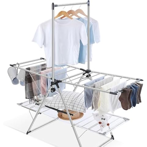 APEXCHASER Clothes Drying Rack, Foldable 2-Level Drying Racks with High Hanger, Metal Laundry Stand with Height-Adjustable Gullwings Cover