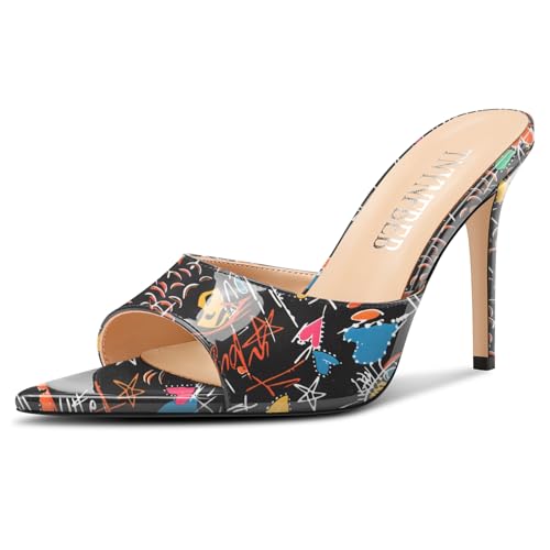 Image of TNYNFBEB Womens Stiletto High Peep Open Pointed Toe Sandals Mules Shoes Slip-on Slingback Office Party Dress Patent Leather Summer 3.9 Inches Heels