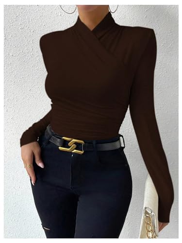 Image of SweatyRocks Women's Ruched Mock Neck Long Sleeve T Shirt Solid Slim Fitted Tee Tops