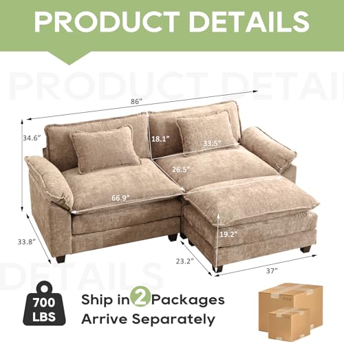 Image of Oprisen 86 inch Modular Sectional Sofa, Comfy Cloud Couch Sectional Sofa with Ottoman, Chenille Sofa Sleeper Deep Seat Sofa with Throw Pillows for Living Room (Khaki, 86 inch- L Shape)