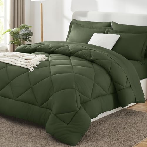 CozyLux Queen Comforter Set Olive Green - Bed in a Bag Queen Size 7 Pieces, Soft Bed Set for All Seasons, Bedding Set with Comforter, Sheets, Pillowcases & Shams