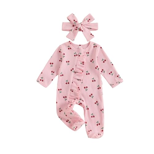 Infant Baby Girl Fall Outfit Sweatshirt Romper Footies Cherry Print Ruffle Trim Jumpsuit Zip Up Onesie Newborn Winter Clothes