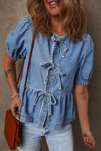 Deer Lady Womens Denim Shirt Bow Tie Front Tops Puff Sleeve Blouses Babydoll Peplum Summer Trendy Crewneck Shirts4