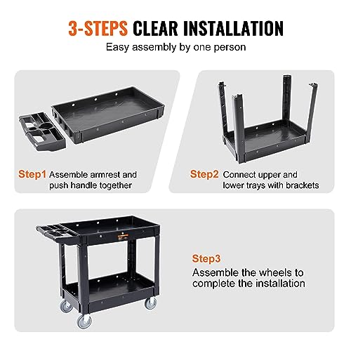 Image of VEVOR Utility Service Cart, 2 Shelf 550LBS Heavy Duty Plastic Rolling Utility Cart, Medium Lipped Shelf, 360 Swivel Wheels, Ergonomic Storage Handle for Warehouse Garage, Black