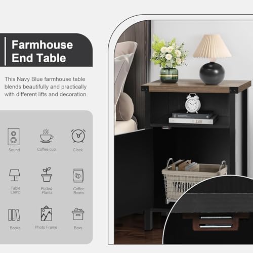 Miniatura 5 de Mesita de noche negra de granja, mesa auxiliar, mesa auxiliar con puerta de granero y estante, mesita de noche rústica y moderna para dormitorio,