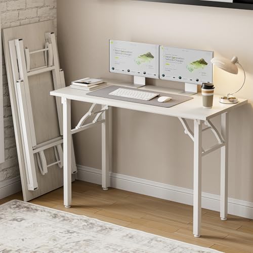 Image of Frylr Small Folding Computer Desk - Portable 43.3 Inch Foldable Laptop Table, Collapsible and Compact for Easy and Fast Setup, Lightweight for Small Spaces, Home Craft and Study Use, White Ash