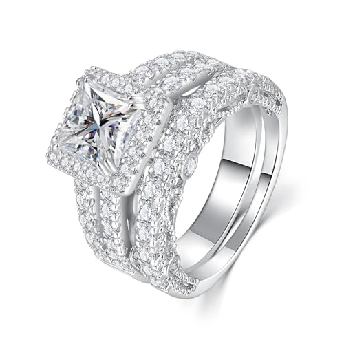 AVECON 5CT Princess Cut Engagement Ring, Promise Wedding Cubic Zirconia White Gold Plated Band Set for Women, Size 7