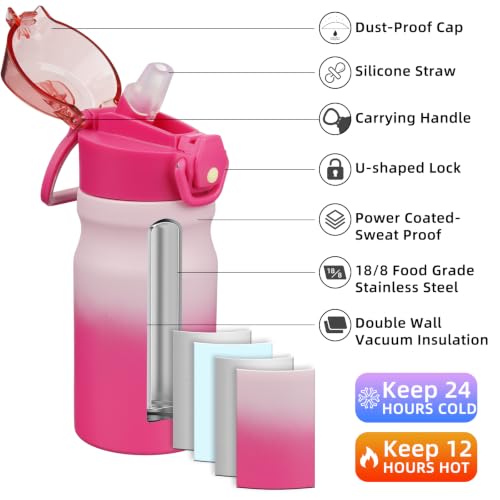 Image of BJPKPK 14 oz Insulated Water Bottle, Straw, Handle, Stainless Steel Flask | Leak Proof Locking Lid, Double Wall Vacuum, Keeps Hot /Cold, BPA Free, Dishwasher Safe, Travel & Sports, Cherry Blossom