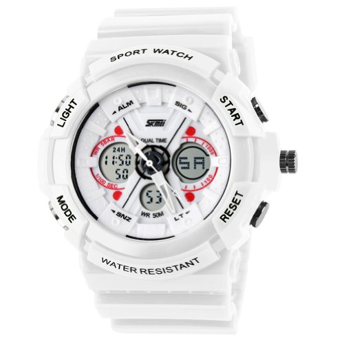 New Unisex Fashion Sport Watch Analog/Digital Water Resist Dual Time Multifunction Alarm Led Womens Mens Wristwatch 6 Colours Option 0966 (White)