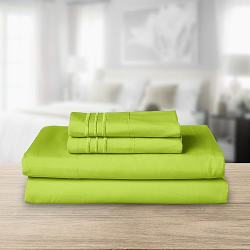 Image of Elegant Comfort Luxurious 1500 Premium Hotel Quality Microfiber Three Line Embroidered Softest 4-Piece Bed Sheet Set, Wrinkle and Fade Resistant, Queen, Lime