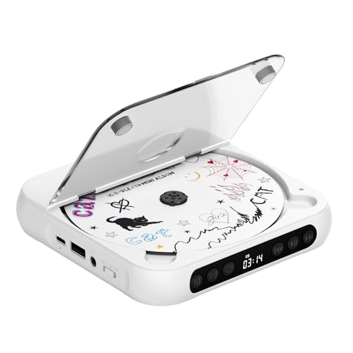 ENVYCLOUD CD Player Portable with Dual Stereo Speakers, Rechargeable Portable CD Player with Bluetooth for Home with Headphones, Support CD/AUX/USB, White