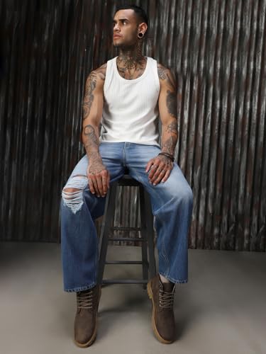 Image of High Star Men Cotton Washed Loose Fit Casual Mid-Rise Jeans