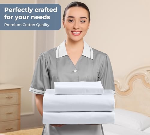 Image of ROYALE LINENS 100% Organic Cotton Twin Sheet Set - Percale Weave - 3 Pieces Set - 1 Flat, 1 Deep Pocket Fitted Sheet and 1 Pillowcases - White Bed Sheets - Sabanas Twin - Crisp Cool (White)