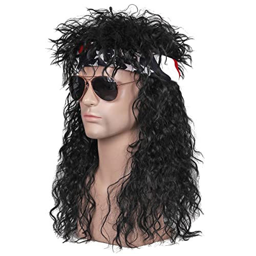 FantaLook 80s Wig with Bandana for Men Long Curly Black Rocker cosplay wig for Halloween