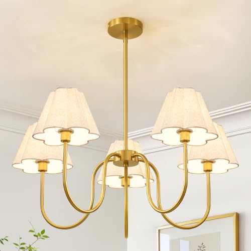 RUIYEY Black Chandeliers for Dining Room - 28" 5-Lights Vintage Modern Mid-Century Chandelier with Flower Fabric Shades, Height Adjustable Pendant Lighting Over Table for Living Room Kitchen Island