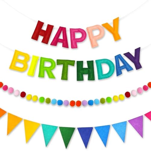 Pre-Strung 3D Happy Birthday Banner with Rainbow Felt Garland, Reusable Party Decorations Set for Girls Boys Women Men Indoor Outdoor, 8 FT Long for Wall Ceiling Decoration - SZTTY