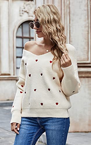 Ecowish Women Valentine Heart Sweater V Neck Embroidery Knit Loose Casual Long Sleeve Ribbed Pullover Sweaters Beige Small #TOP1