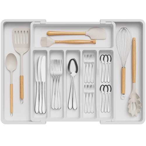 Lifewit Silverware Drawer Organizer, Expandable Cookware Tray for Kitchen, Adjustable Dish Holder and Cutlery Holder, Compact Plastic Storage for Spoon Forks Knife, Large, White