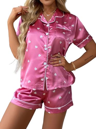Image of Remidoo Womens Heart Print Satin Pajamas Button Down 2 Piece Sleepwear Set Pink X-Small